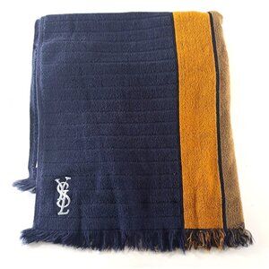 Vintage Yves Saint Laurent Bath Towel Blue Orange Brown Stripe Fieldcrest 42x25